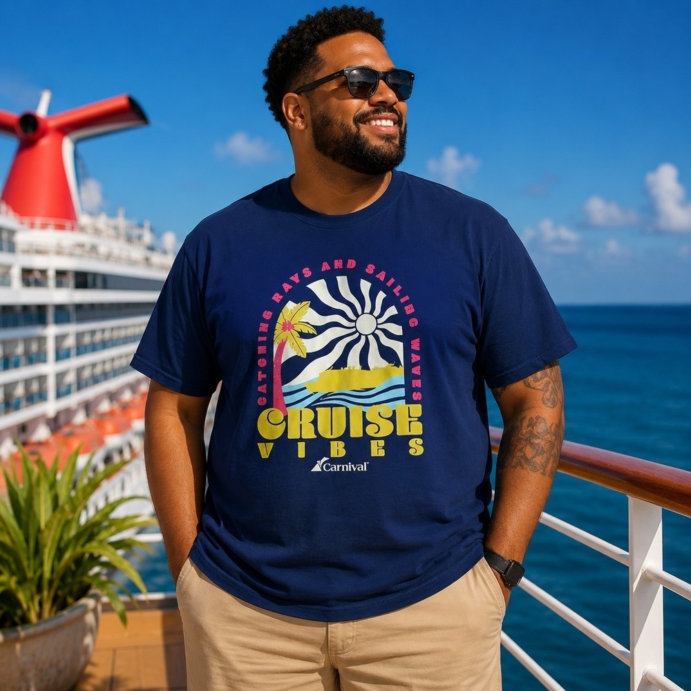 Carnival Cruise Vibes T-Shirt Men's 2XL Navy Graphic Tee Vacation Beach Dadcore